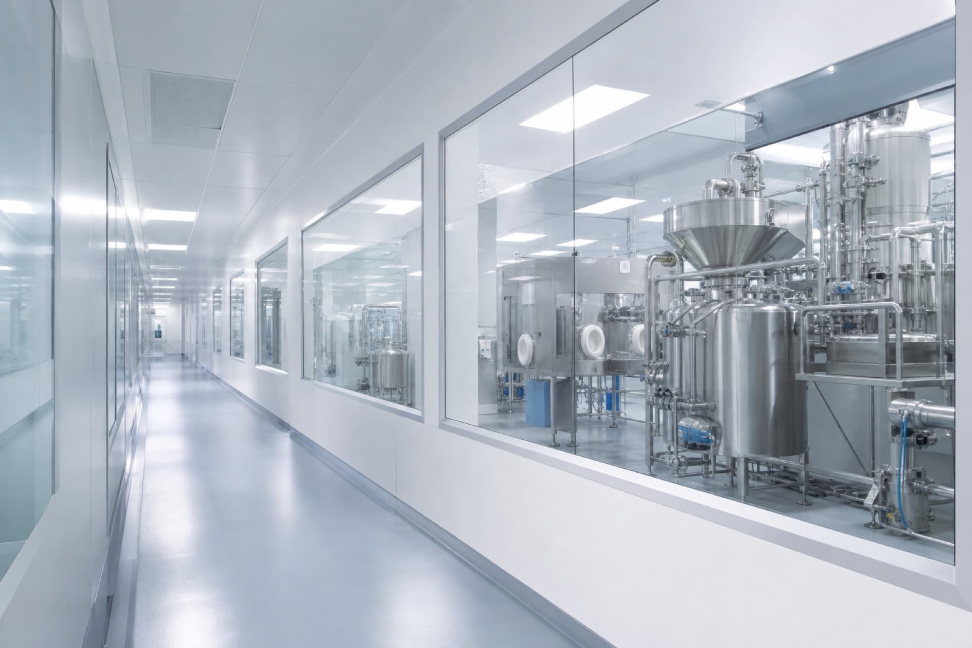 Glass corridor looking into a pharmaceutical manufacturing suite